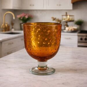 Vtg Amber Compote Optic Bubble Vase Clear Footed Empoli Style MCM Art Glass 9.5"